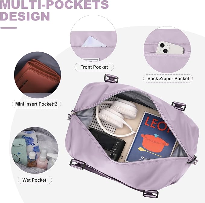 Travel Duffel Bag, Carry On Overnight Weekender Bags for Women | Travel Bag with Wet Pocket & Trolley Sleeve, For Spirit Airlines 18x14x8 Personal Item Bag