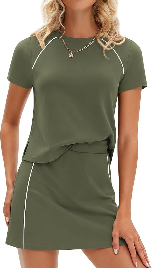 PRETTYGARDEN Women's 2 Piece Skirt Sets Matching Clothing | Short Sleeve Shirts,Color Block Tops,Mini Skirts with Shorts Pockets,Skort Set,Workout Active Wear,Tennis Golf,Summer Outfits
