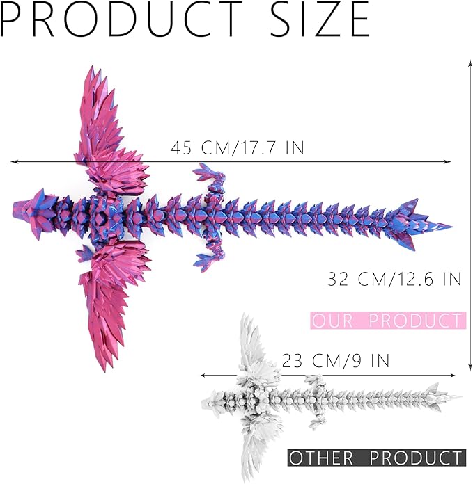ACOCOFE 3D Printed Dragon with Wings, 18 inch Flying Articulated Winged Dragon, Mystery Crystal Dragons,Home Office Decor Gift (Laser Purple)