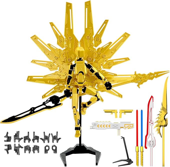 T13 Titan 13 Action Figure Already Assembled, Cyberpunk Futuristic Mecha 3D Printed Action Figure Set Robo 13, Lucky 13, Gift for Dummy Collectors Desktop Decorations (Gold)