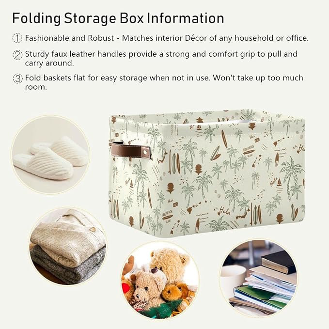 Aslsiy Storage Basket Hawaii Palm Surf Nursery Bins Brown Baby Box Canvas Clothes Shelf Basket Laundry Hamper Gift Baskets for Home Closet 2 Pcs