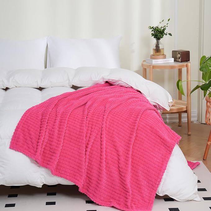 Puncuntex Fleece Throw Blanket Hot Pink 90"×90" with Square Grid Design | Super Soft Plush Cozy Flannel Throw Blanket Luxury for Couch Sofa Chair