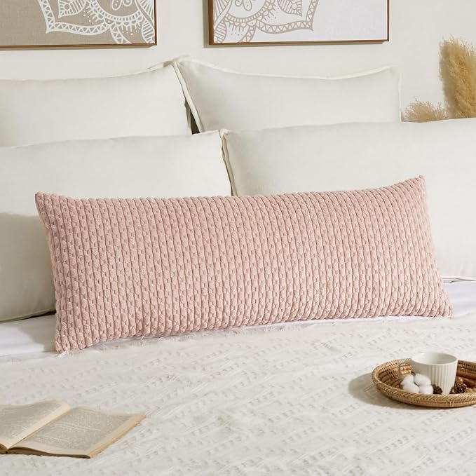 Kevin Textile Soft Corduroy 14"x36" Lumbar Pillow Cover 1 Pack, Light Pink | Boho Stripe Plush Corduroy Decorative Oblong Cushion Cover Modern Farmhouse Home Decor for Sofa Couch Bed Chair