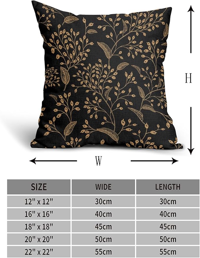 Boho Pillow Covers 20X20 Inch Set of 2 Black Gold Floral Leaves Decorative Pillow Cases Vintage Flower Leaf Cotton Linen Cushion Case Farmhouse Home Decor for Sofa Couch Porch Outdoor