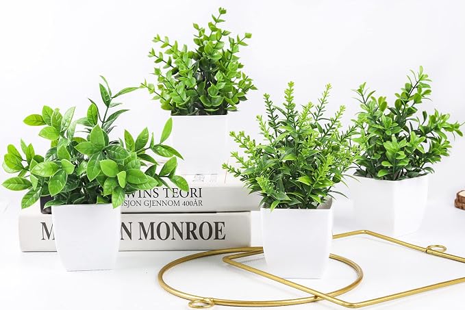 Der Rose 4 Pack Fake Plants, Greenery Potted Plants for Home Decor Indoor | Unique artificial plants, no-care potted greenery, for desk table windowsill bathroom office farmhouse and classroom decor