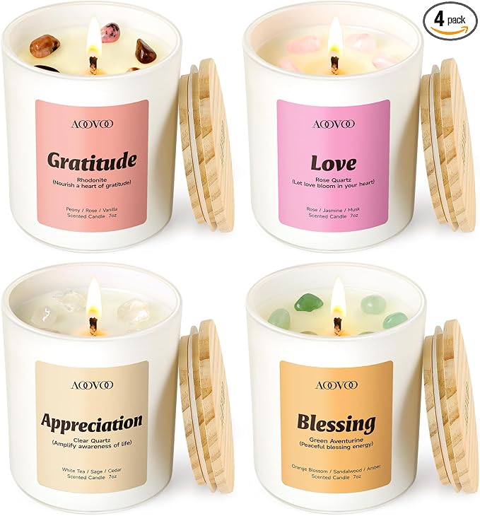AOOVOO Healing Candles Set for Women - 4 Pack Candles for Home Scented, Aromatherapy Candle with Crystals, Gratitude Rhodonite/Appreciation Clear Quartz/Blessing Aventurine/Love Rose Quartz
