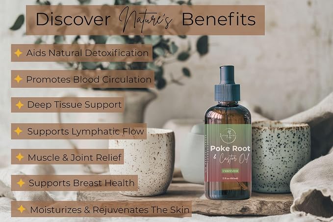 Organic Poke Root Castor Oil | Mess Free Glass Pump | Lymphatic Support | Cysts, Boils, Fibroids, Swollen Lymph Nodes, Breast & Joint | Small Batch USA Made (2oz, Unscented)