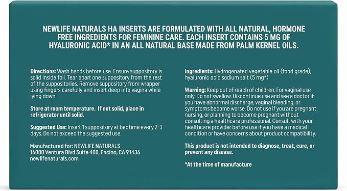 NewLife Naturals Hyaluronic Acid Suppositories for Women – Vaginal Moisturizer & Dryness Support – 5 mg Hormone-Free Formula – 12 Vaginal Suppositories, 30-Day Supply, Made in USA