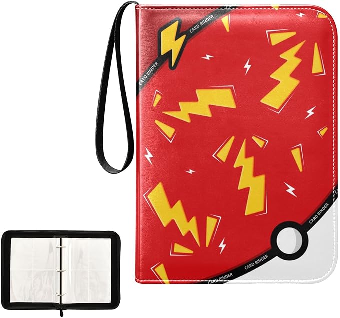 Red Lightning Card Binder, 4 Pocket Trading Card Holder with 50 Removable Sleeves, Zipper Card Binder Fits 400 Cards, Collection Card Storage Case Album Book Gifts