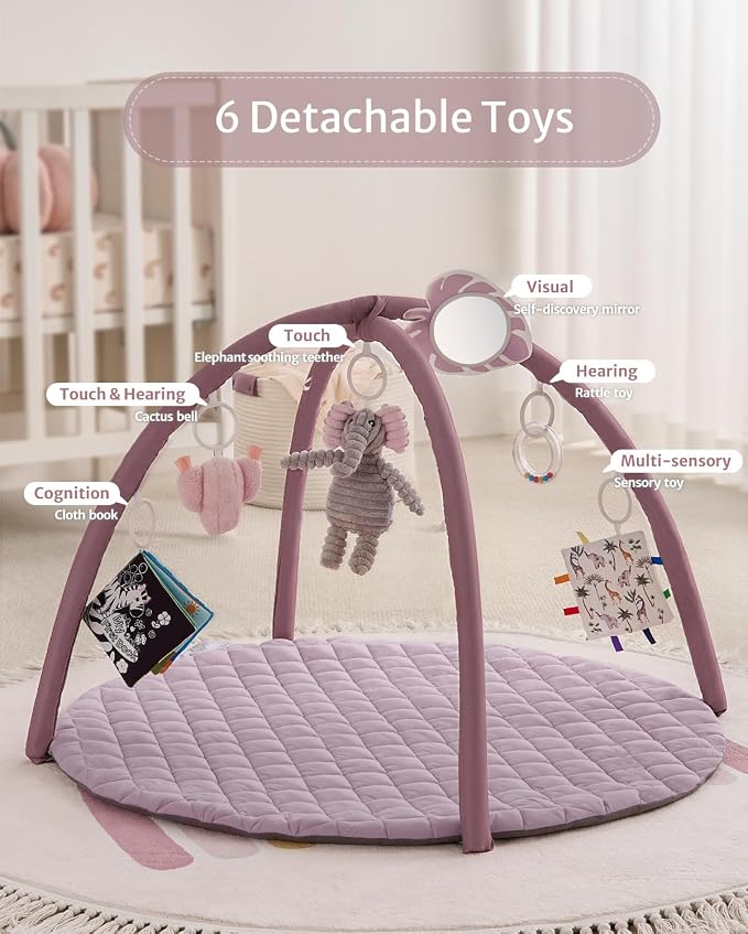 Blissful Diary Baby Play Gym Mat, Tummy Time Activity Mat with 6 Detachable Toys for Stage-Based Sensory & Motor Skill Development, Easy to Install & Clean, Baby Essentials Gift, Lavender Pink