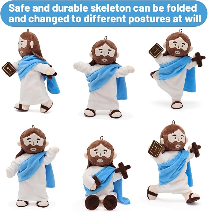 Jesus Plush Doll with Jointed Skeleton Jesus Plushie 13.4" Poseable Jesus with Removable Accessories Easter Christian Gifts for Kids (Blue)