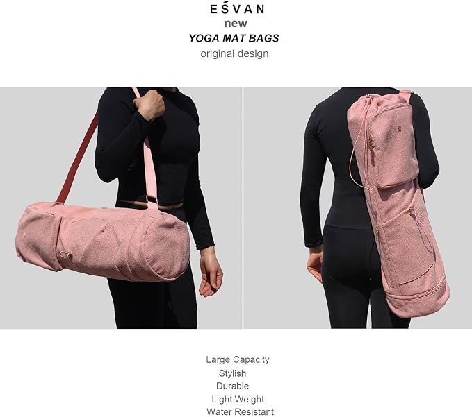 ESVAN Yoga Mat Bag with Multi Pockets Drawstring Yoga Mat Carrier Pilates Exercise Multi-Functional Storage Bag