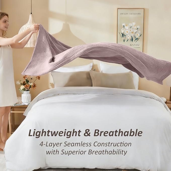 EMME Cotton Muslin Twin XL Blanket Breathable Gauze Soft Lightweight Blankets Adults Gifts for Women (Heather Dusty Pink, 66"x90")