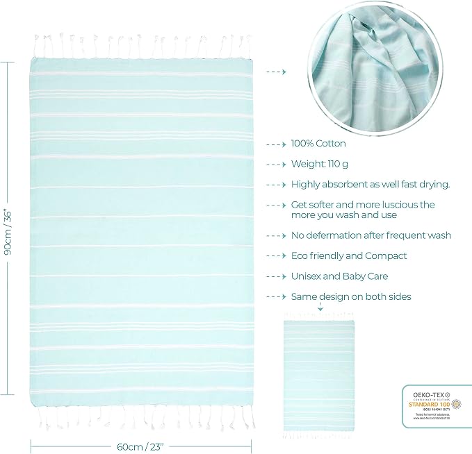 Cacala 100% Turkish Cotton Kitchen Tea Towels, Highly Absorbent Luxury Soft Quick Drying Dish Towel with Hanging Loop for Gym, Yoga, Bath, Sports, Cleaning and Kitchen (23 x 36), Aquamarine