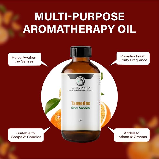 Tangerine Essential Oil, Citrus Reticulata, Cold Pressed Citrus Peel Oil, Sweet Citrus Aroma for Aromatherapy, Diffuser, Massage, Skin Care, Natural Fragrance Oil for Blends – 4 Fl oz