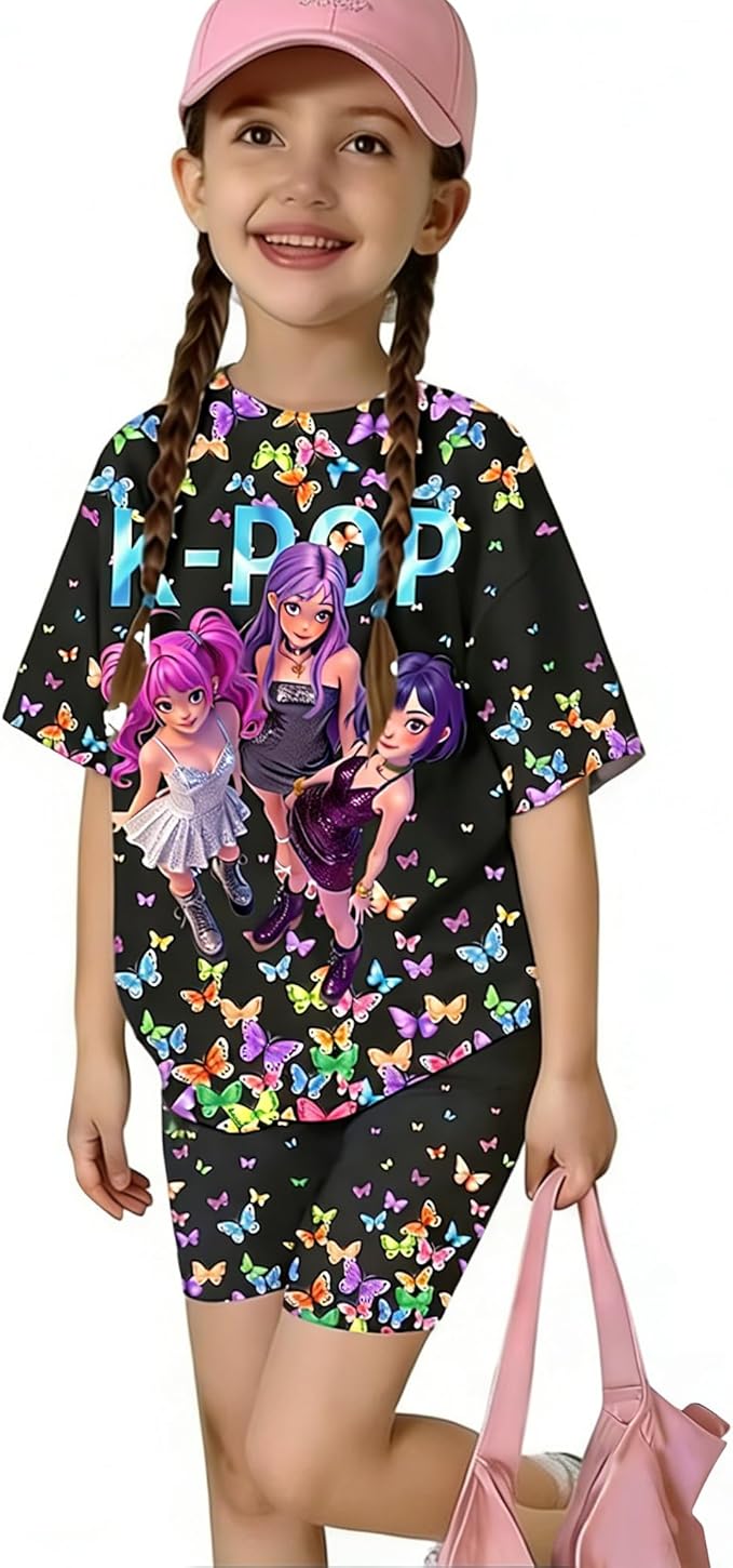 K-POP DEM0N Hunters Outfits for Girls, 2 Piece T-Shirts and Apparel Sets Birthday Gift