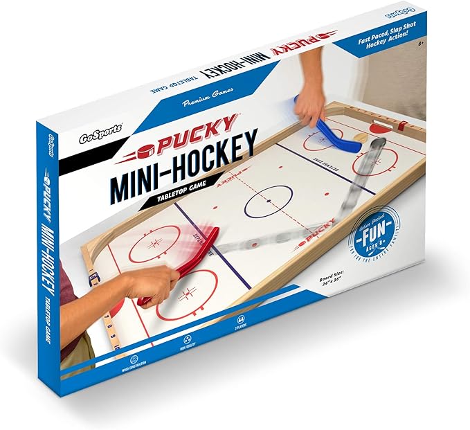GoSports Hockey Ice Pucky Wooden Table Top Hockey Game for Kids & Adults - Includes 1 Game Board, 2 Hockey Sticks & 3 Pucks