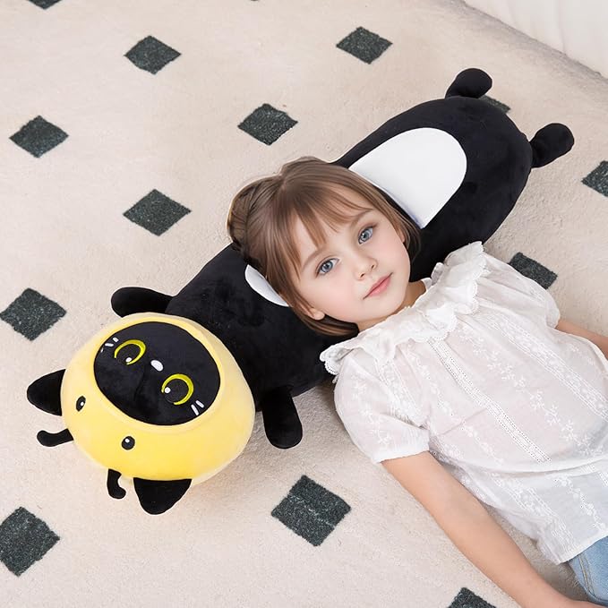 36 inch Bee Black Cat Long Plush Body Pillow Toy, Kitten Plushies with Stuffy Honeybee Oufit Big Stuffed Animals Gfit for Kids Boys Girls, Birthday