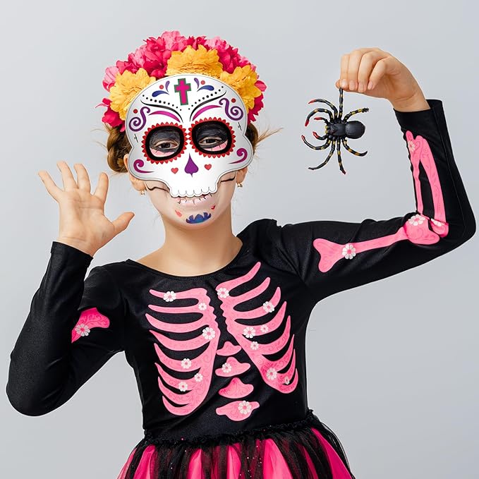 24 Pcs Day of The Dead Crafts for Kids DIY Halloween Mask Crafts Color Your Own Skull Masks Dia de Los Muertos Party Games for Boys Girls Toys Cosplay Dress Up