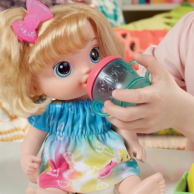 Baby Alive Fruity Sips Doll, Apple, Toys for 3 Year Old Girls, 12-inch Baby Doll Set, Drinks & Wets, Pretend Juicer, Kids 3 and Up, Blonde Hair