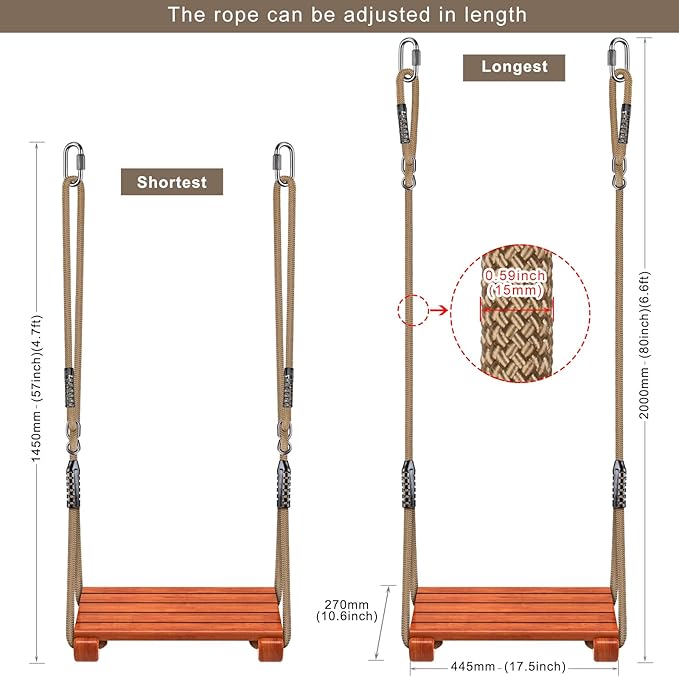 SELEWARE Wooden Swing Seat with Adjustable Rope | Heavy Duty Flat Tree Swing for Adults & Kids, Indoor/Outdoor Playground Swing Set (17.5 x 10.6 Inch)
