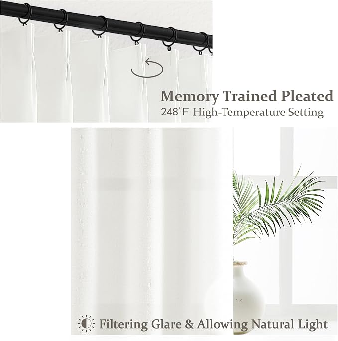 PleatedDrapes Pure White Semi Sheer Curtains 100 Inches Long for Kids Room, Pinch Pleat Neutral Thick Linen Privacy Curtain Light Filtering with Back Tab 8-1/3FT Length Dining Room Drapes 2 Panels Set