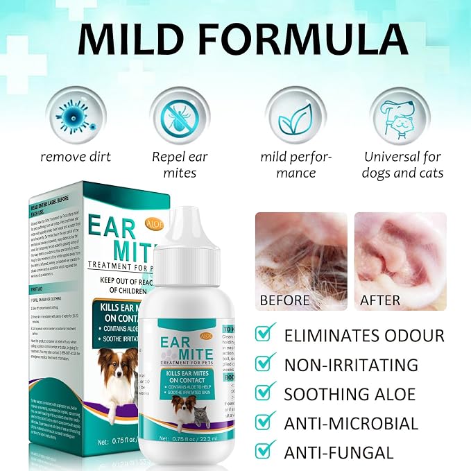 NenMaoKeNu Ear Mite for Dogs & Cats, Pet Ear Infection Treatment Solution for Dog Yeast Infection, Ear Infection Treatment Drops, to Relieve Itchiness, Sooths Ears - 0.75 Fl Oz