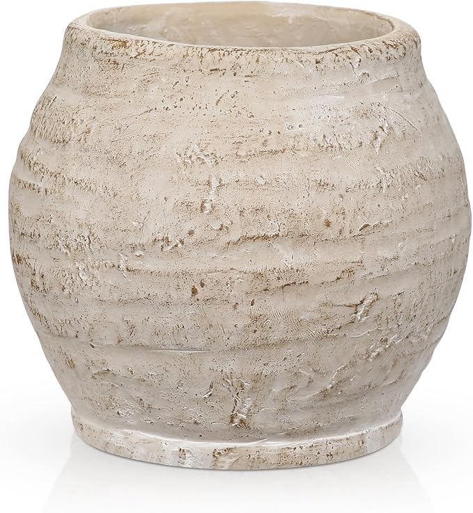 Briful Rustic Vintage Ceramic Pottery Vase, 5.1'' Farmhouse Table Decor with Distressed Texture, Wide Mouth Decorative Jar Vases for Home Decor, Shelf & Entryway, Cream White