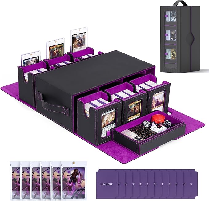 UAONO Commander Deck Box for MTG, 6-Deck Modular Card Case with Dice Tray Holds 600+ Double-sleeved Cards, Removable Trading Cards Storage Box with 35PT Magnetic Card Holders for TCG, Black Purple