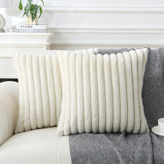 Decorative Throw Pillow with Inserts, Set of 2 Soft Faux Fur Throw Pillows, Square Boho Striped Pillow for Couch, Bed, Sofa Decor (Beige, 20" x 20"(Pack of 2))