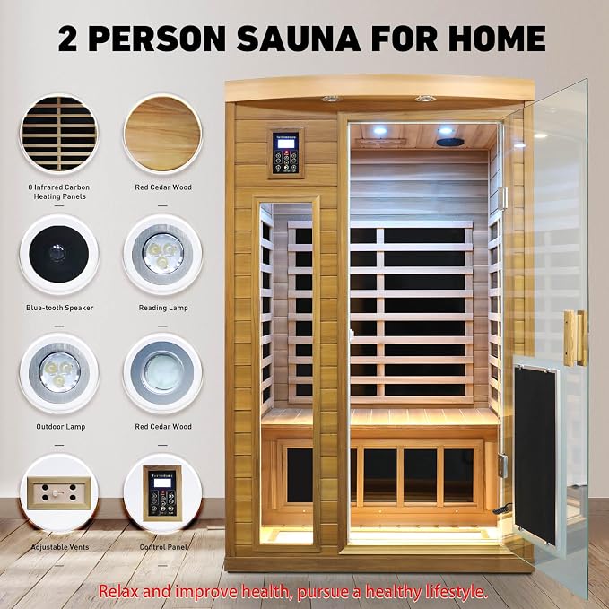 2 Person Ultra Low EMF Infrared Sauna for Home, Red Cedar Wood Far Infrared Saunas, 1750watt Indoor Personal Sauna with Door Heating Panels, Blue-tooth, 7-Color Chromotherapy Lights, 2 Outdoor Lamps