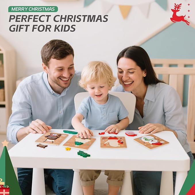 4 Pack Christmas Wooden Puzzles for Kids Toddlers Jigsaw Puzzles Christmas Stocking Stuffers Toys Xmas Party Favors