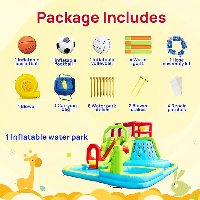 Inflatable Water Slide Park, Bouncy Castle with Deep Pool, 191 x 157.5 x 100 Inch, Jumping Castle with Air Blower
