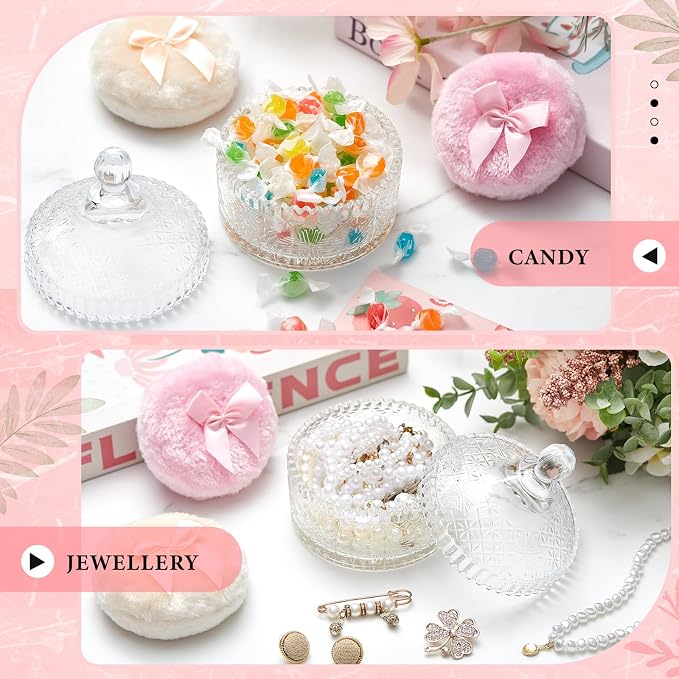 Tioncy 3 Pcs Large Body Powder Puff and Container Valentine's Day gift Powder Container with Puff Crystal Case Soft Washable Reusable Velour Face Body Glitter Wet Dry Makeup(Vintage Embossed,Clear)