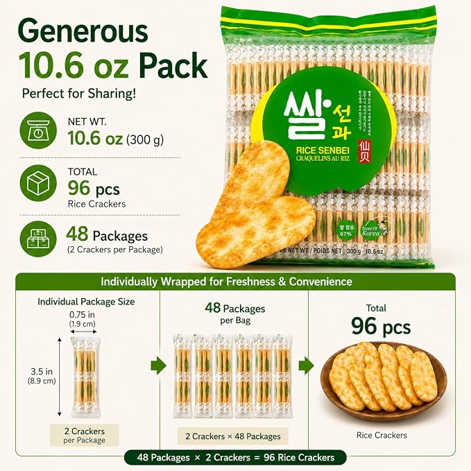 Rice Cracker Snack, Korean-Style Senbei, Individually Wrapped Sweet & Savory Treats, 67% Rice Content, Tea Time Snack, 10.6 oz 쌀과자