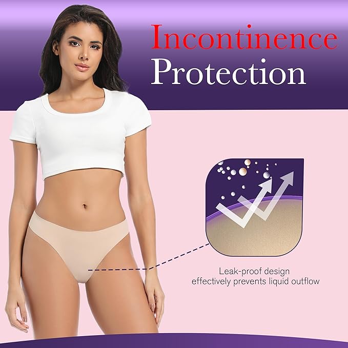 Women's Incontinence Thong Panties Washable Light Absorbency Leak Proof Underwear Bladder Control 5 Pack (2 Black-3 Beige, 2XL)