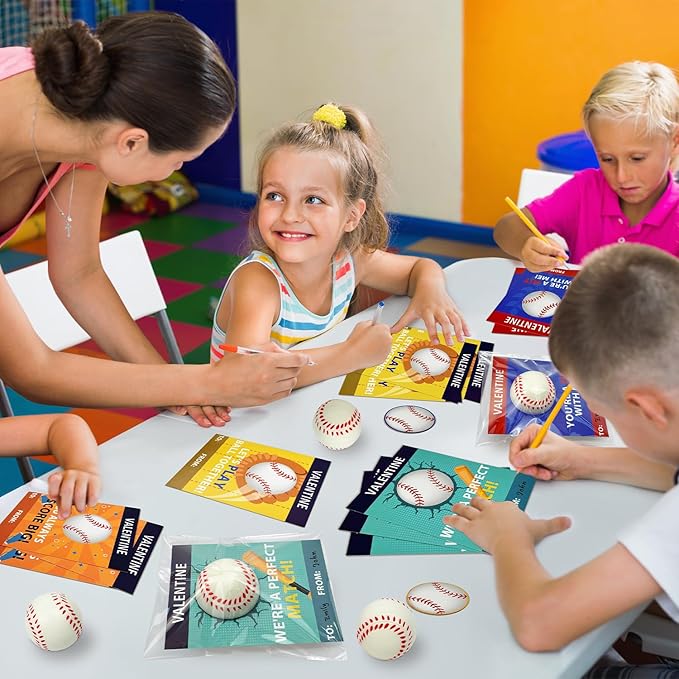 Baseball Valentines Day Cards Gifts for Kids School -24 Pack,Mini Foam Baseball Toys with Exchange Cards for Toddlers,Valentines Sport Goodie Bag Stuffer Classroom Favors Treats Prizes for Boys Girls