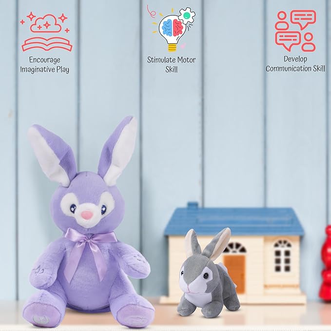 Dimple Bunny Set - Bella Animated Interactive Purple Bunny with Peek-a-Boo Feature and Singing Songs Plus Super-Soft Grey Baby Rabbit Plush - Perfect Baby Plush Toy Gift for Ages 0 and Up