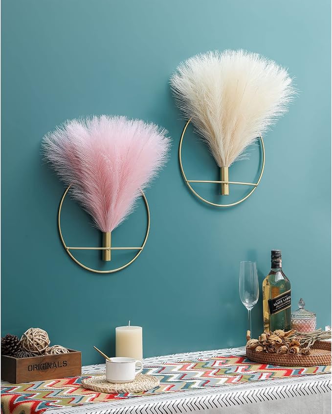Pretty Jolly Boho Pampas Wall Decor Gold Metal Wall-Mounted Art | Morden Artificial Greenery Display，2 Pack Beige Hanging Planter For Living Room, Bedroom, Bathroom, Dining room