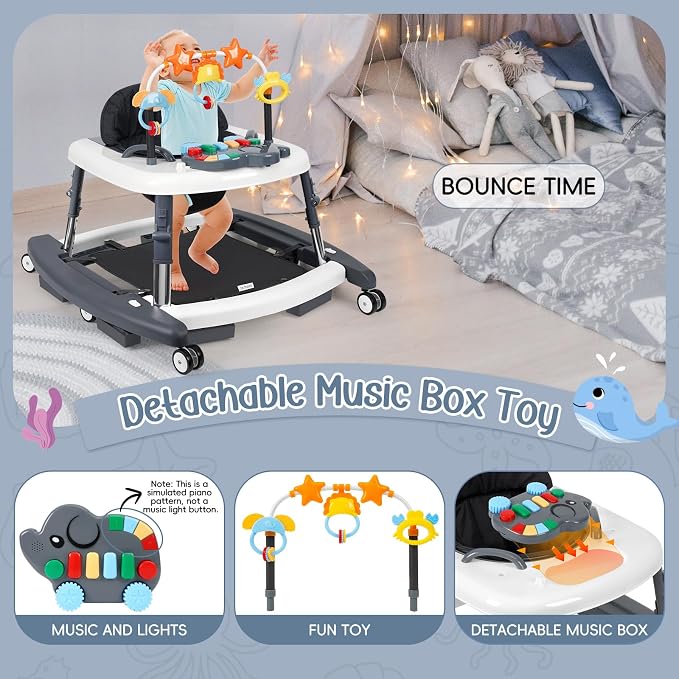 5-in-1 Music and Lights Foldable Baby Walker, Baby Walker with Wheels and Bouncer Combo Portable with 5 Adjustable Heights, Infant Toddler Walker for Baby Boy Girls 6-18 Months（Grey）