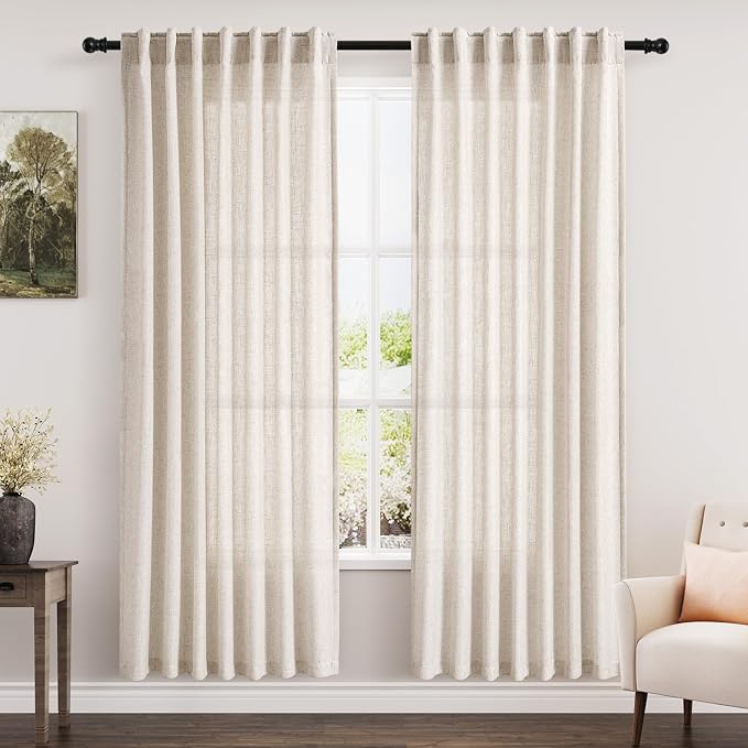 Nanspring Beige Semi Sheer Linen Curtains 78 inch Length for Living Room Back Tab Rod Pocket Modern Farmhouse Coastal Decor Beige Cotton Textured Gauze Curtains for Dining Room Office 52x78