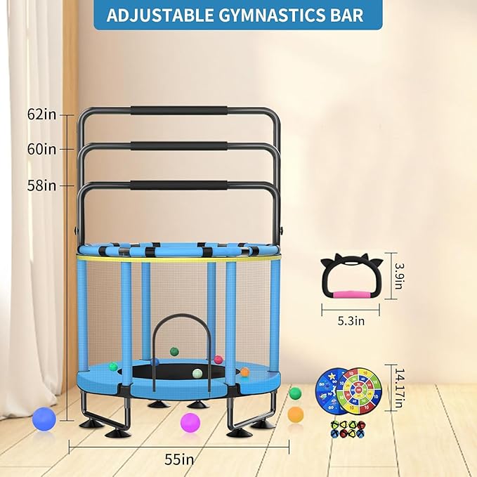Trampoline for Kids, Upgrade Full Anti-Rust 440lbs Indoor Outdoor Toddler Trampoline with Net, 55" Adjustable Baby Toddler Trampolines Accessories Dart Board