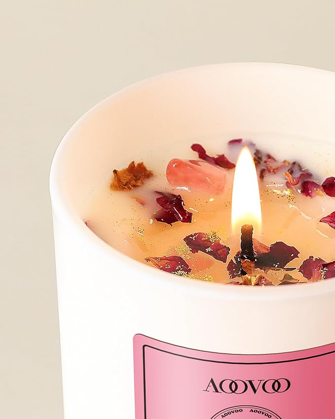 AOOVOO Rose Scented Candles for Women - Aromatherapy Candle with Crystals Inside, 10oz Soy Candles for Home Scented, Birthday Gifts Mothers Day Candle for Mom Women