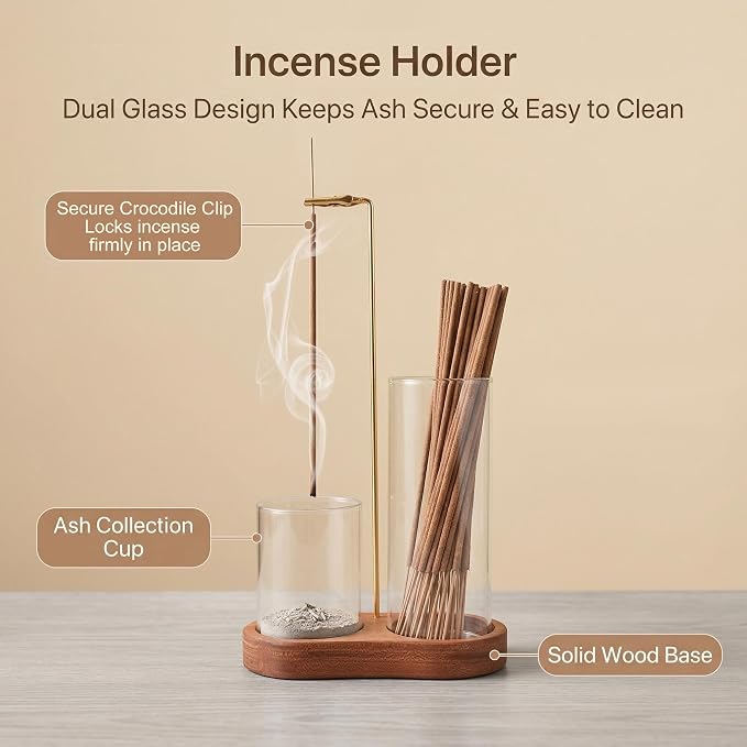 Incense Holder with 40 Pcs Palo Santo Incense Sticks - Incense Burner Holder with Glass Ash Catcher Relaxation, Purification, Meditation, Yoga Gift