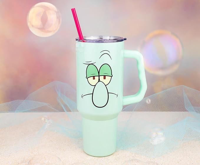 Silver Buffalo SpongeBob SquarePants Double Walled Stainless Steel Tumbler with Handle Featuring Squidward, Fits in Standard Cup Holder, 40 Ounces