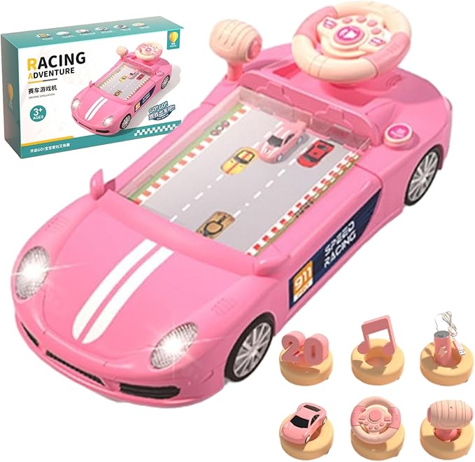Racing Adventure Car Steering Wheel,Car Racing Adventure Toy with Steering Wheel,Racing Car Toy with Steering Wheel-200 Levels,Sound Effects,Adjustable Volume,2 Speed Adjustable (Pink)