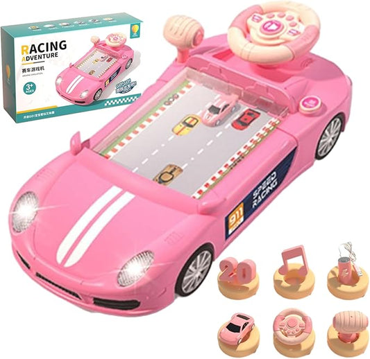 Racing Adventure Car Steering Wheel,Car Racing Adventure Toy with Steering Wheel,Racing Car Toy with Steering Wheel-200 Levels,Sound Effects,Adjustable Volume,2 Speed Adjustable (Pink)