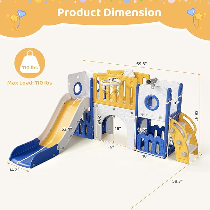 Arlopu 9 in 1 Toddler Slide Set, Kids Large Climber Slide Playset w/Long Slope, Telescope, Storage Space, Enclosed Steps, Indoor Outdoor Playground (Yellow & Blue)