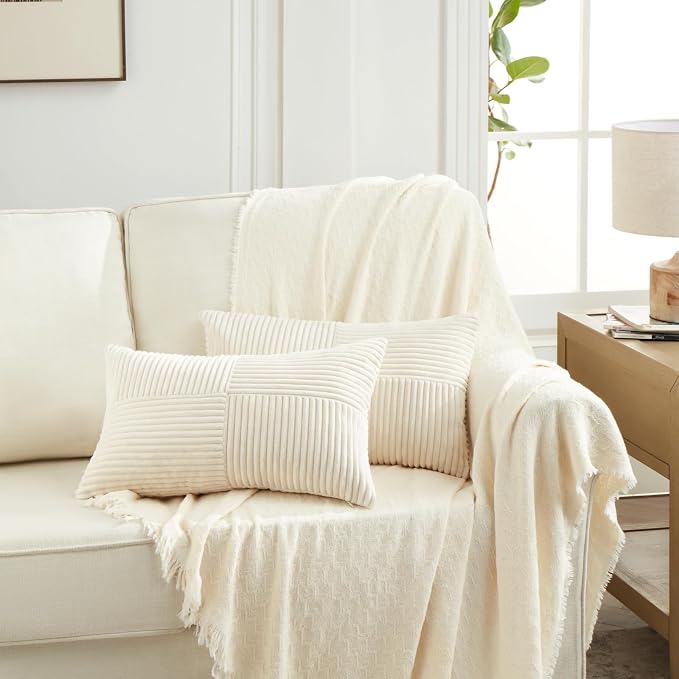 Fancy Homi 2 Packs Cream Lumbar Decorative Throw Pillow Covers 16x32 Inch for Living Room Couch Bed Sofa, Rustic Farmhouse Boho Home Decor, Soft Striped Corduroy Rectangle Accent Cushion Case 40x80 cm