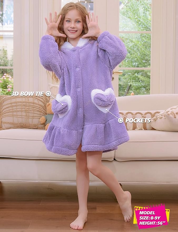 Girls Bathrobes Coral Fleece Button Down Hooded Robes Cute Rabbit Ears Bath Robe Fuzzy Warm Soft Sleepwear